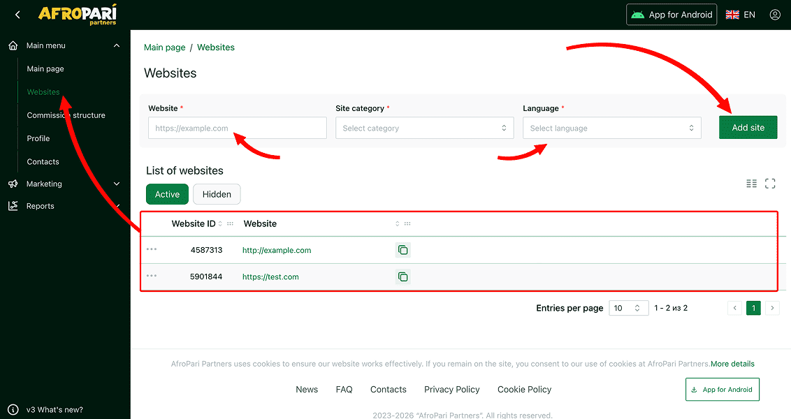 add website to AfroPari partners